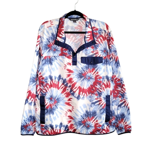 Eddie Bauer Men's Tie Dye Fireworks Pullover Windbreaker Size L Red White Blue - Picture 3 of 8
